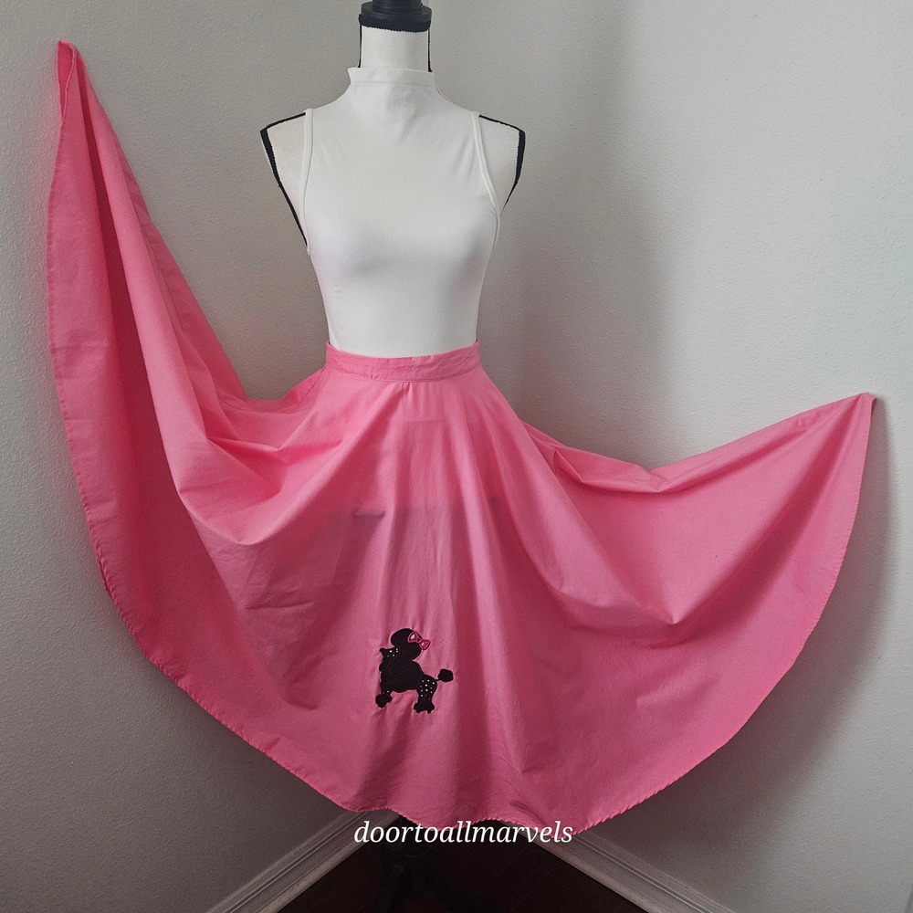 Handmade Midi Poodle Skirt Pink Cotton Bias Cut sz L Rockabilly Costume